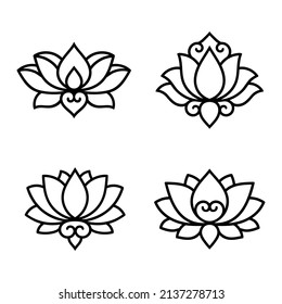 Set of decorative lotus flower symbols. Elements of patterns for laser and plotter cutting, embossing, engraving, printing on clothing. Ornaments for henna drawings in the oriental style.