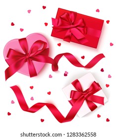 Set of decorative love gift box with red bow and long ribbon and heart confetti isolated on white background. Vector illustration. Valentines day decoration. Top view.