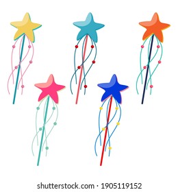 Set of decorative magic wand with star. Star shape magic accessory. Vector illustration isolated on white background. Web site page and mobile app design