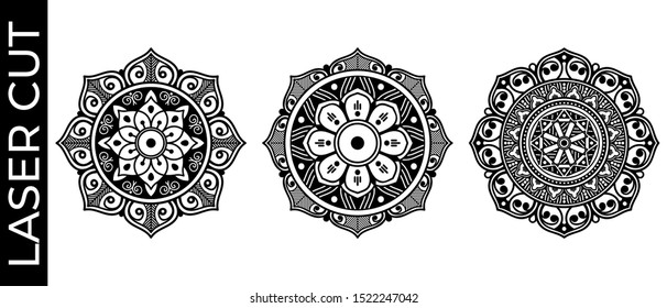 Set of decorative mandalas for laser cutting. Hand drawn background, vector isolated on white