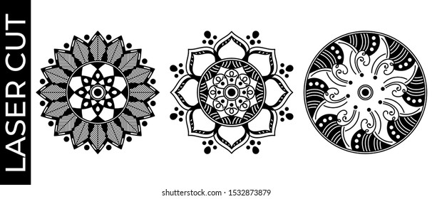 Set of decorative mandalas for laser cutting. Hand drawn background, vector isolated on white
