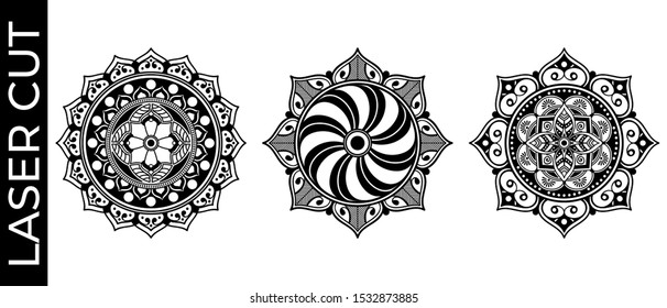 Set of decorative mandalas for laser cutting. Hand drawn background, vector isolated on white
