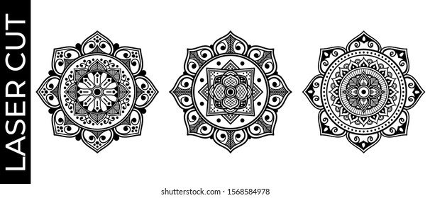 Set of decorative mandalas for laser cutting. Hand drawn background, vector isolated on white