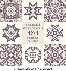 Set of decorative mandalas and seamless patterns in indian style. Patterned round design. Hand drawn. Contour, stencil