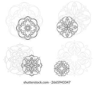Set of decorative mandalas in various sizes, perfect for patterns, textile design, and coloring activities