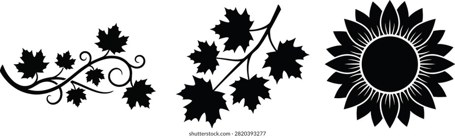 Set of decorative maple leaves and a sunflower flower in a black graphic silhouette
