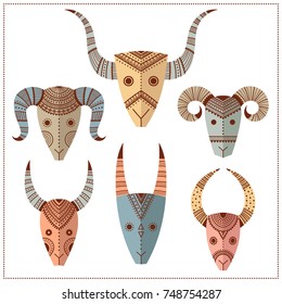 Set with decorative masks of animals. Freehand drawing. Can be used for scrapbook, banner, print, etc.