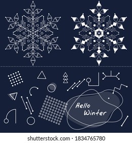 Set of decorative memphis elements including white  snowflakes on dark blue background. Good for winter holiday banners, postcards, flyers and other prints in restrained style. Vector,editable strokes