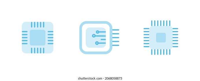 Set of decorative microchip, computer chip, microcircuit element. Vector flat icons.