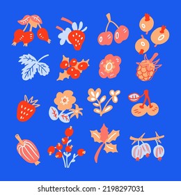 Set of decorative minimalist berries, flowers and leaves for design. Flat style nature and flora for patterns, backgrounds. Strawberries, spiked berries, holly on branch. Vector illustrations.