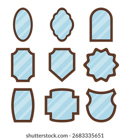 Conjunto de espejos decorativos de Ilustración vectorial. Un elegante conjunto de nueve espejos decorativos, cada uno diseñado con Formas únicas y enmarcado en madera marrón.