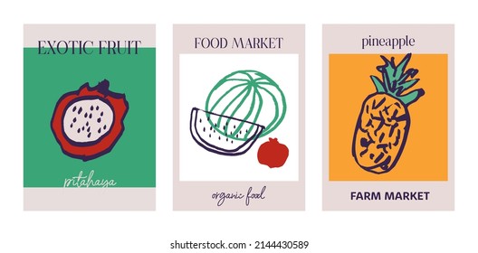 Set of decorative modern abstract posters with exotic fruits, tropical food, still lifes. Collection of color art prints drawn with line for wall decor, brochure covers, notebooks. Vector illustration