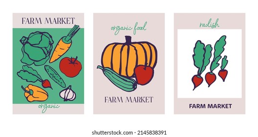 Set of decorative modern abstract posters with vegetables, eco food, still lifes. Collection of color art prints drawn with line for wall decor, brochure covers, notebooks. Cartoon vector illustration