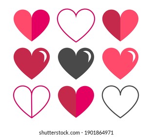 Set of decorative modern red and pink flat hearts