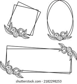 Set of decorative monochrome contour frames with mangostan and leaves. Vector image for scrapbooking, design