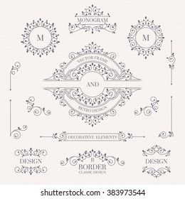 Set of decorative monograms, borders, frames, corners.  Design collection for  labels, invitations, logos, banners, posters, badges, signage, stickers, cards. Graphic design page. 