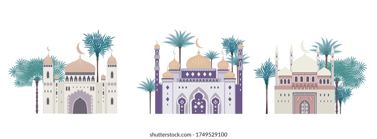 Set of decorative mosques with palms for design of greeting cards