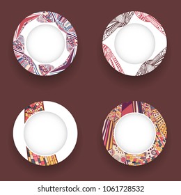 Set of decorative multicolored porcelain plates in ethnic style. Vector illustration