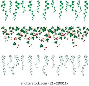 set of decorative natural rims, green ivy branches, rapeberries, green leafy lianas, vector illustration isolated on white background