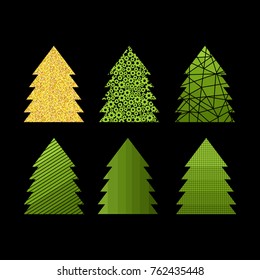 Set of decorative New Year and Christmas trees for cards and design