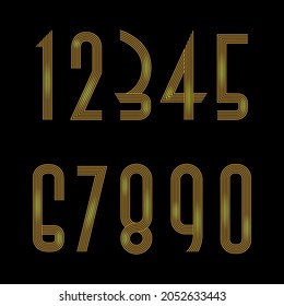 Set of decorative numbers from 0 to 9. Numbers from golden strips on black background. Glare added.