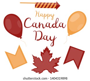 Set of decorative objects for Canada Day. Red balloon, yellow balloon, red flag, yellow flag, squib, maple leaf and the inscription on a white background. Vector.