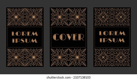 Set of decorative openwork rectangular frames or covers with gold snowflake pattern. Elegant design elements. Template for luxury packaging, black label, poster, card, cover, ad, etc. EPS10 #02