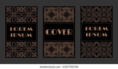 Set of decorative openwork rectangular frames or covers with gold snowflake pattern. Elegant design elements. Template for luxury packaging, black label, poster, card, cover, ad, etc. EPS10 #05