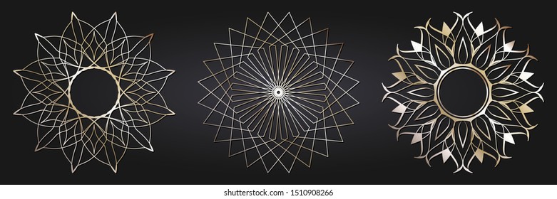Set of decorative openwork round frames with gold abstract floral pattern. Circular ornament. Elegant elements for design. Vector.