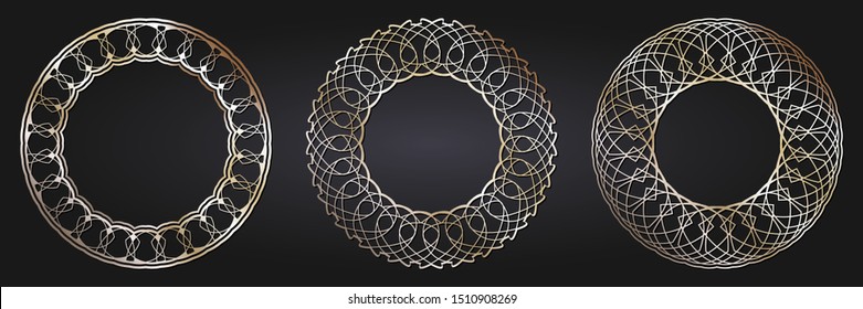 Set of decorative openwork round frames with gold abstract floral pattern. Circular ornament. Elegant elements for design. Vector.