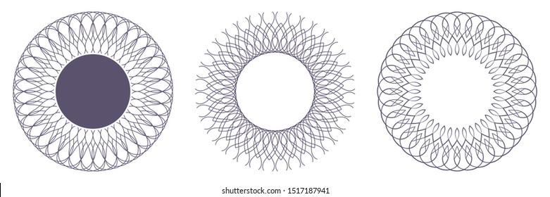 Set of decorative openwork round frames with abstract floral pattern. Circular ornament. Elegant elements for design. Vector.