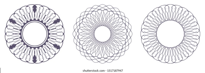 Set of decorative openwork round frames with abstract floral pattern. Circular ornament. Elegant elements for design. Vector.