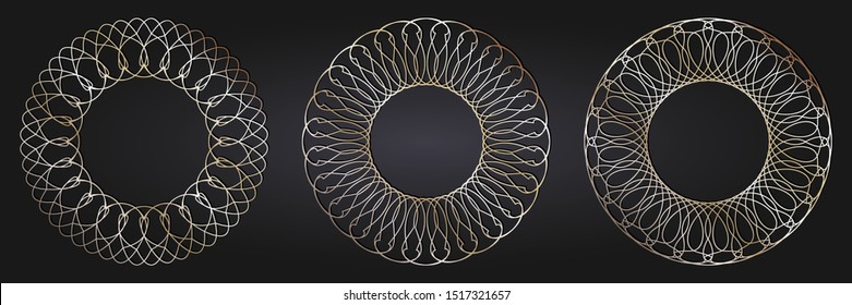 Set of decorative openwork round frames with gold abstract floral pattern. Circular ornament. Elegant elements for design. Vector.