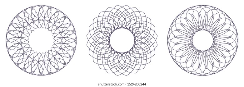 Set of decorative openwork round frames with abstract floral pattern. Circular ornament. Elegant elements for design. Vector.