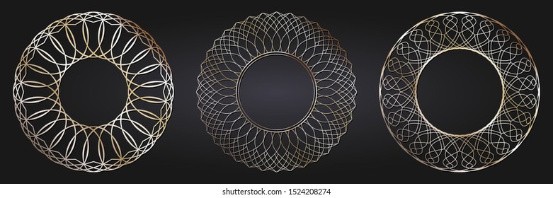 Set of decorative openwork round frames with gold abstract floral pattern. Circular ornament. Elegant elements for design. Vector.