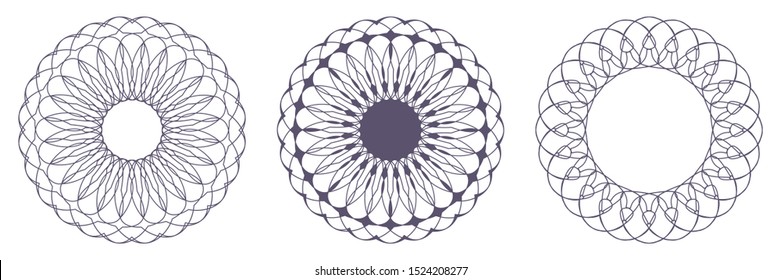 Set of decorative openwork round frames with abstract floral pattern. Circular ornament. Elegant elements for design. Vector.