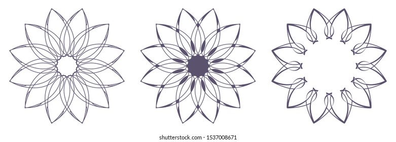 Set of decorative openwork round frames with abstract floral pattern. Circular ornament. Elegant elements for design. Vector.