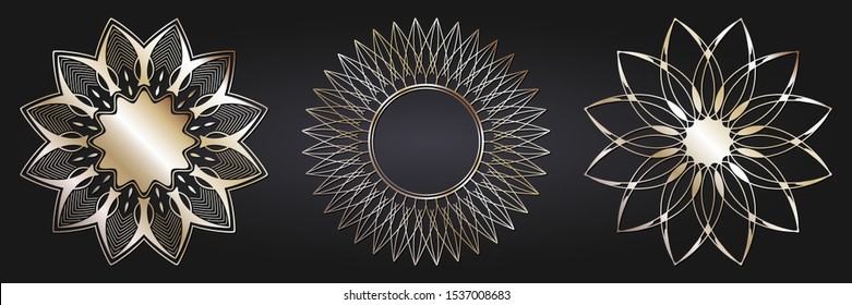 Set of decorative openwork round frames with gold abstract floral pattern. Circular ornament. Elegant elements for design. Vector.
