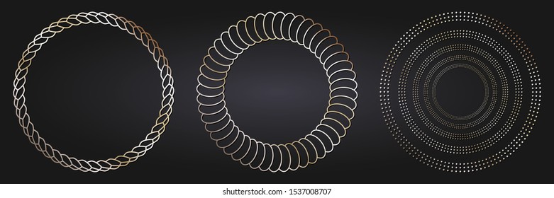 Set of decorative openwork round frames with gold abstract floral pattern. Circular ornament. Elegant elements for design. Vector.