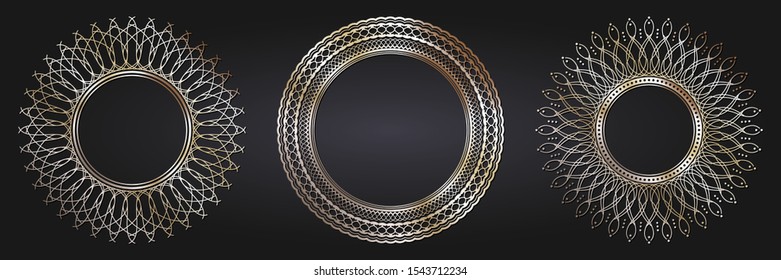 Set of decorative openwork round frames with gold abstract floral pattern. Circular ornament. Elegant elements for design. Vector.