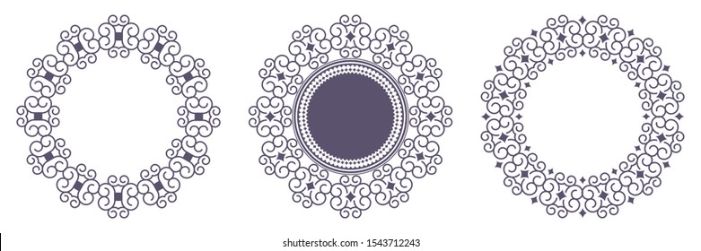 Set of decorative openwork round frames with abstract floral pattern. Circular ornament. Elegant elements for design. Vector.
