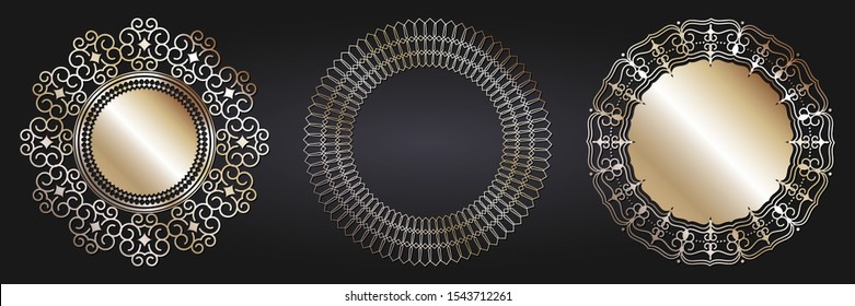 Set of decorative openwork round frames with gold abstract floral pattern. Circular ornament. Elegant elements for design. Vector.