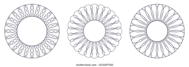 Set of decorative openwork round frames with abstract floral pattern. Circular ornament. Elegant elements for design. Vector.