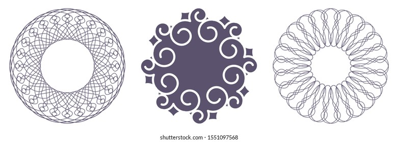 Set of decorative openwork round frames with abstract floral pattern. Circular ornament. Elegant elements for design. Vector.