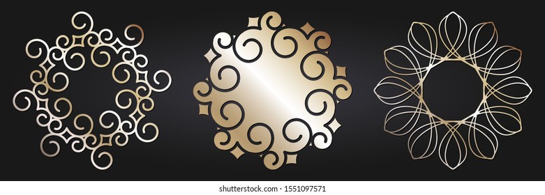 Set of decorative openwork round frames with gold abstract floral pattern. Circular ornament. Elegant elements for design. Vector.
