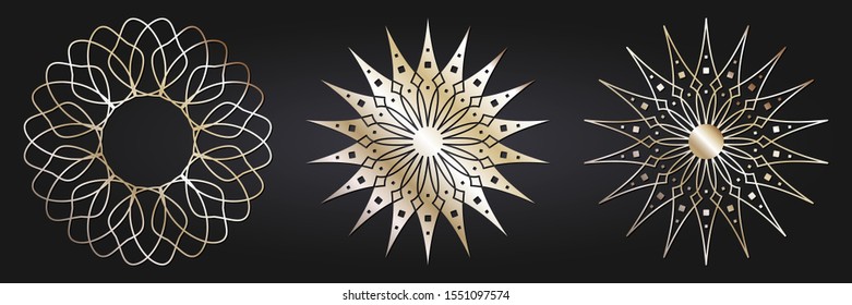 Set of decorative openwork round frames with gold abstract floral pattern. Circular ornament. Elegant elements for design. Vector.