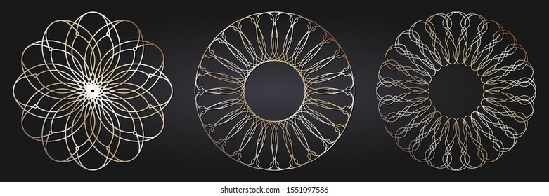 Set of decorative openwork round frames with gold abstract floral pattern. Circular ornament. Elegant elements for design. Vector.