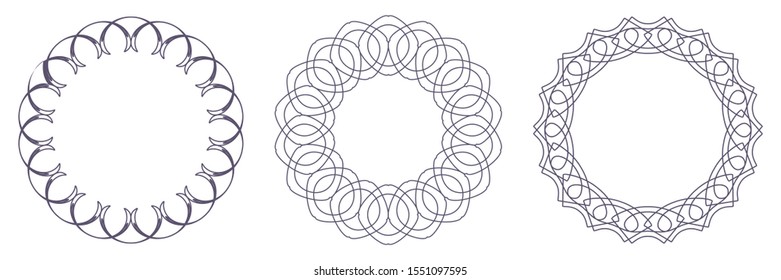 Set of decorative openwork round frames with abstract floral pattern. Circular ornament. Elegant elements for design. Vector.
