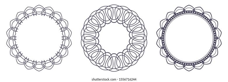 Set of decorative openwork round frames with abstract floral pattern. Circular ornament. Elegant elements for design. Vector.