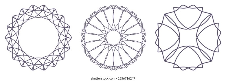 Set of decorative openwork round frames with abstract floral pattern. Circular ornament. Elegant elements for design. Vector.